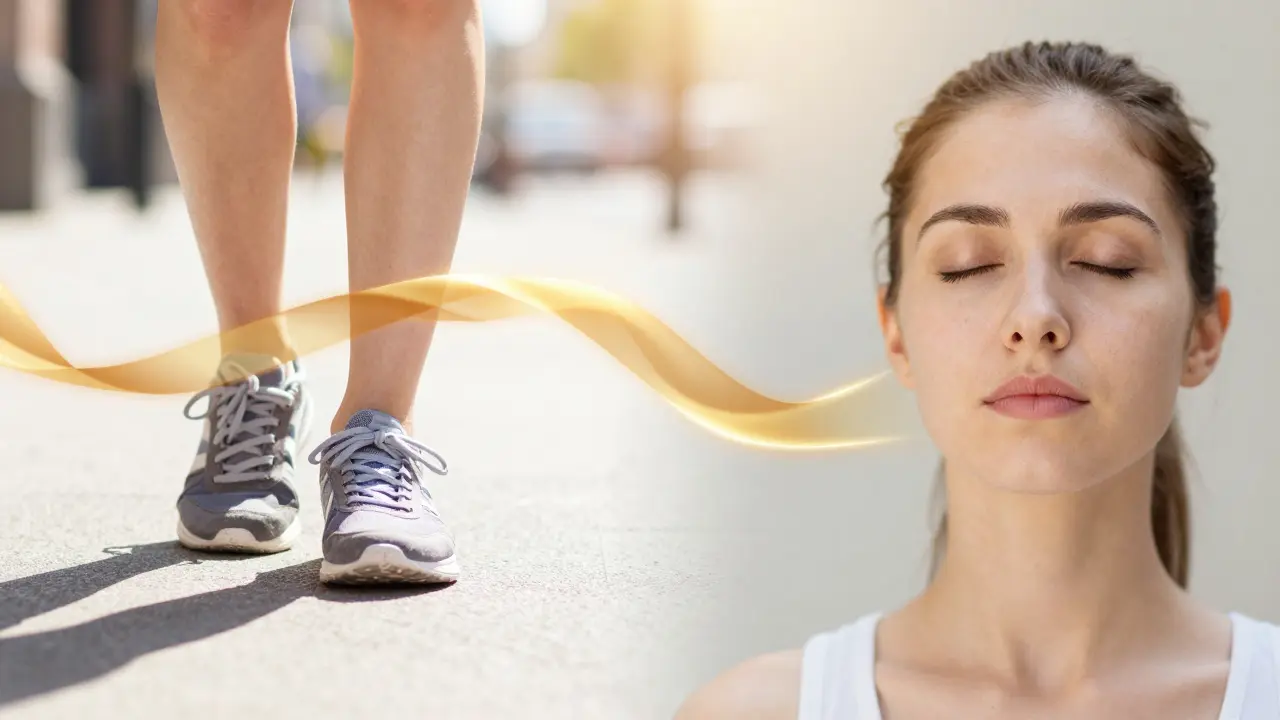 Konceptuální obraz kombinující chůzi po městě a meditaci pro rovnováhu těla a mysli.