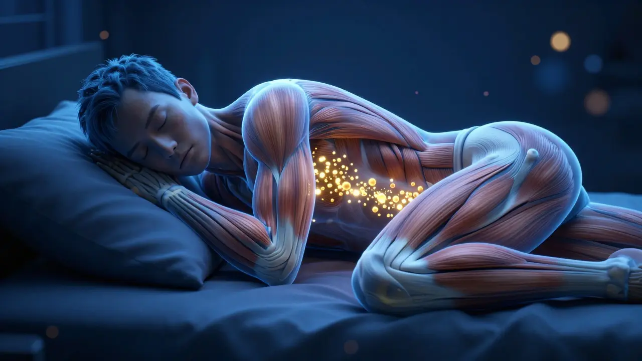 Konceptuální znázornění regenerace svalů pomocí kaseinu během spánku.