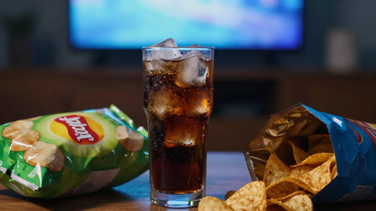 Sklenice sladké limonády s ledem a otevřený sáček chipsů v pološeru u televize.