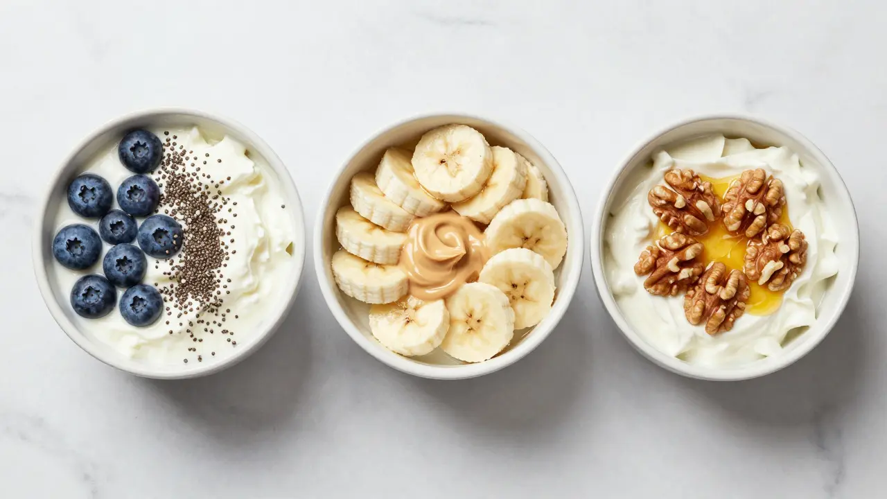 Tři misky s tvarohem a různými přísadami jako borůvky, banány a ořechy.