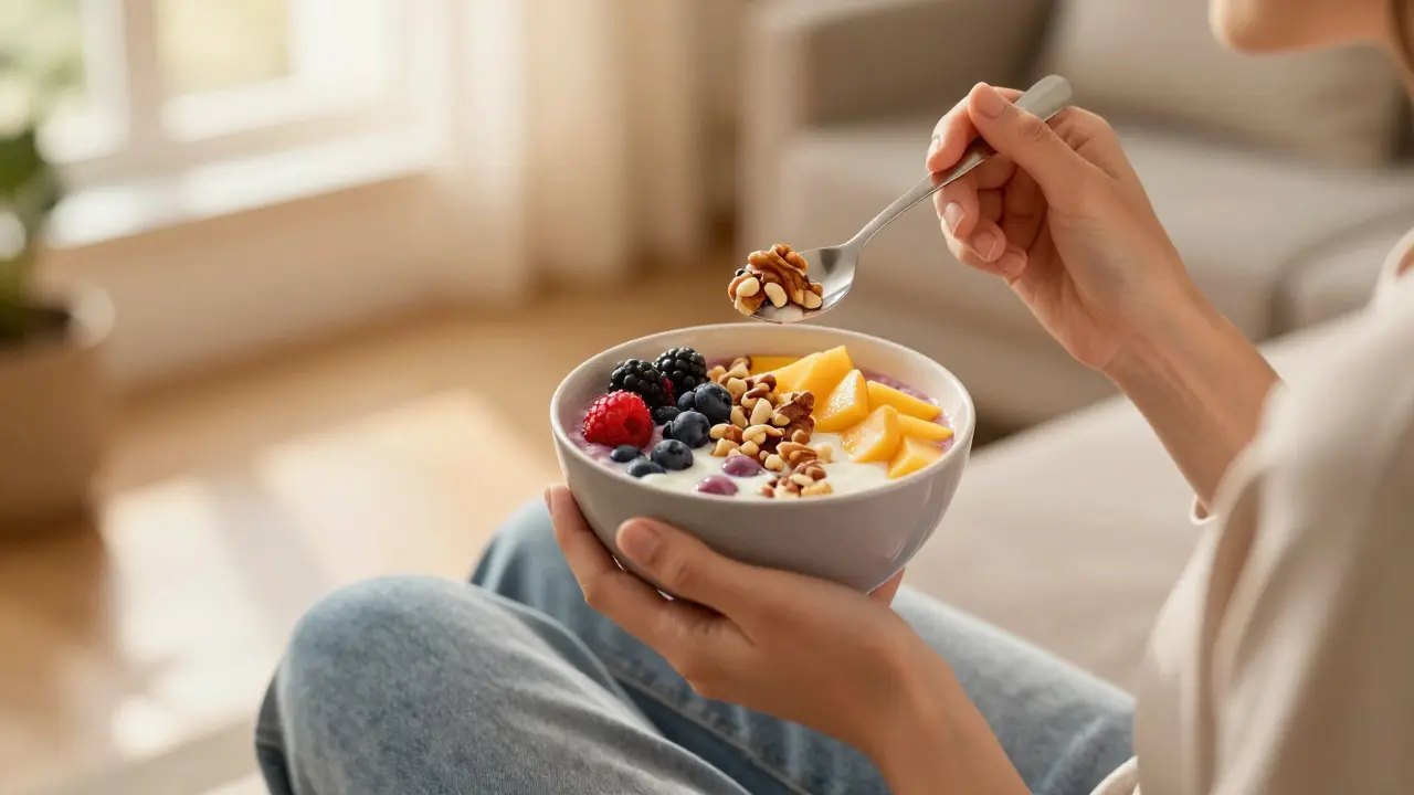Člověk si užívá barevný výživný snack v útulné atmosféře při slunečním svitu