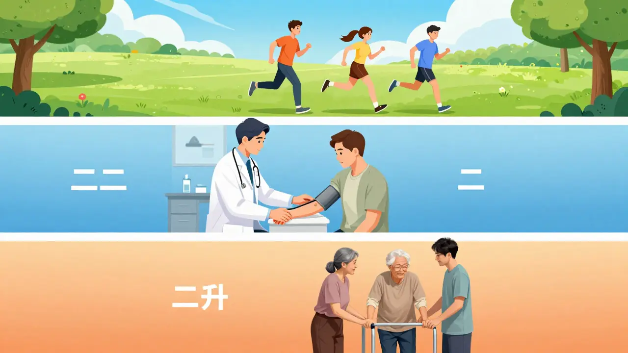 Ilustrace tří stupňů prevence: zdraví, diagnostika a rehabilitace
