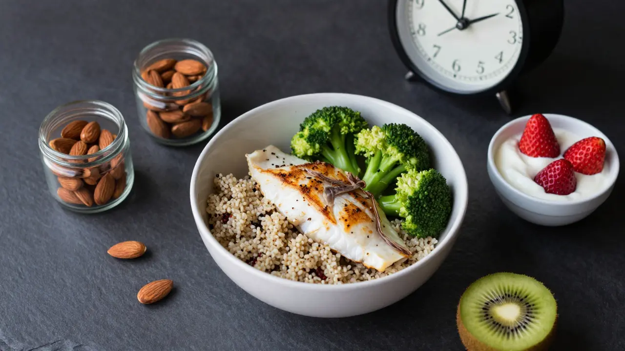 Zdravé večeře jako ryba a quinoa na tmavém podkladu s hodinami ukazujícími ideální čas.