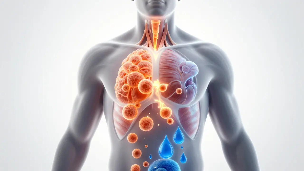 3D illustration of fat cells converting to energy and water loss
