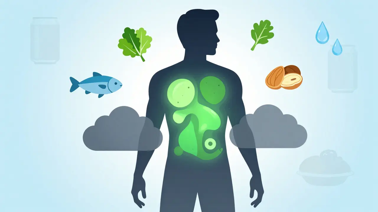 Abstraktní ilustrace spalování tuku a zdravého metabolismu s potravinami