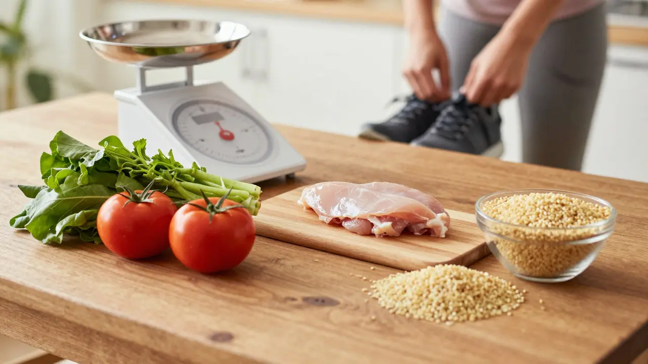 Fresh healthy food ingredients and a kitchen scale on a wooden table