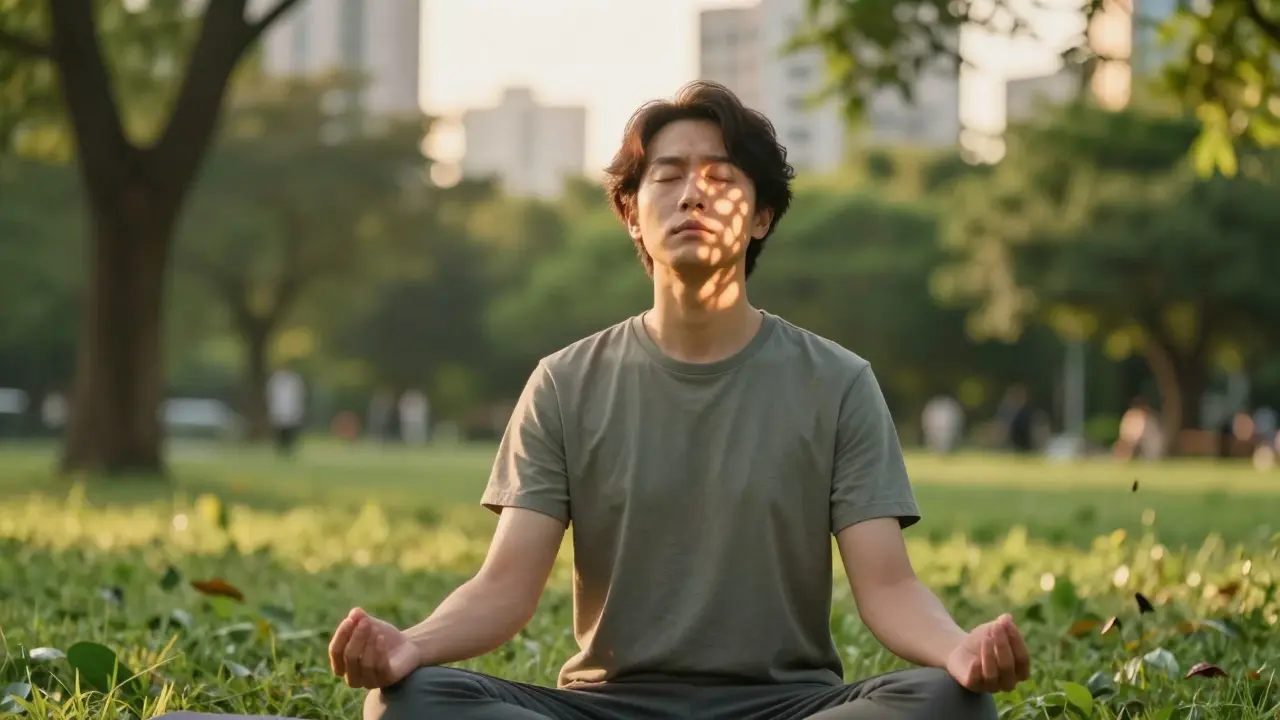 Osoba praktikující mindfulness v parku pro snížení stresu