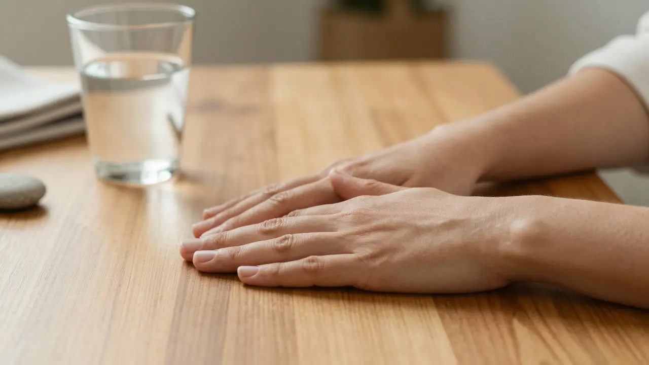 Ruce na dřevěném stole při technice ukotvení smyslů pro mindfulness
