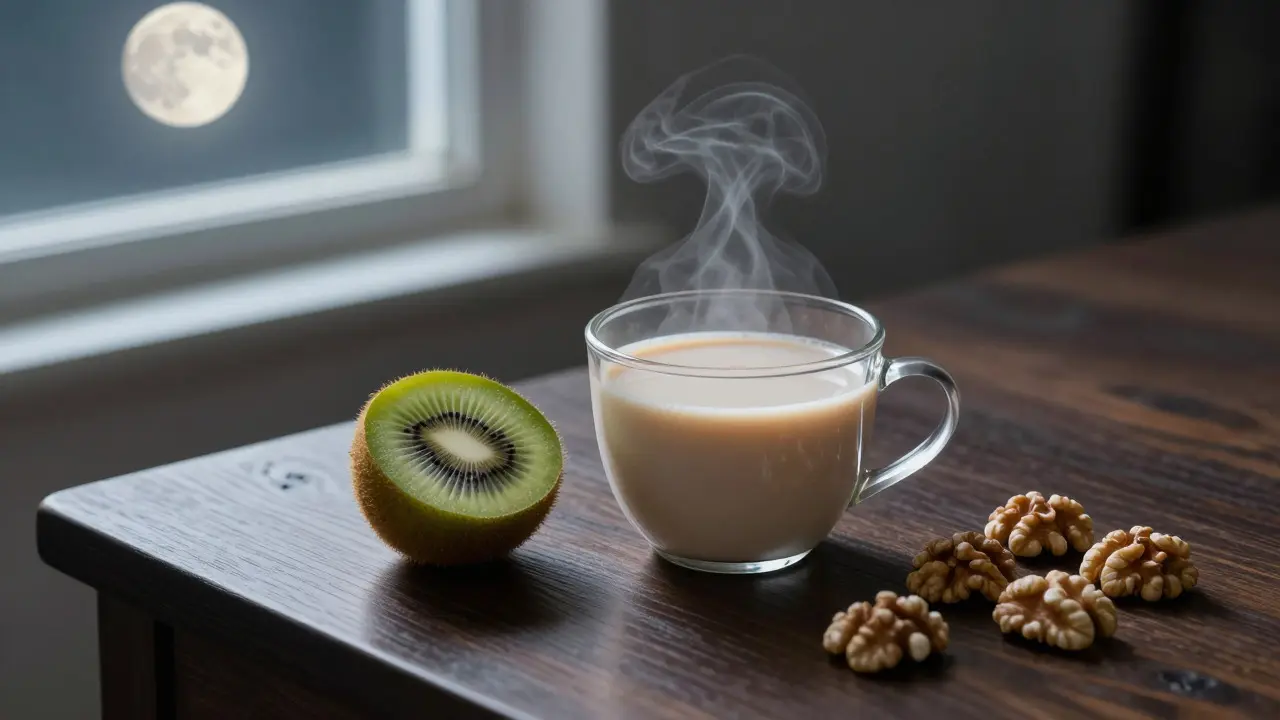 Horké mléko v hrnku, kiwi a ořechy při měsíčním světle pro relaxaci