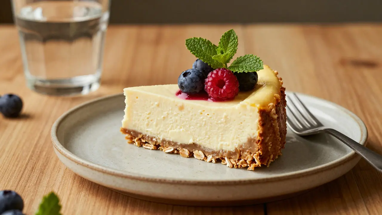Krajíc domácího proteinového cheesecaku s ovocem na talíři