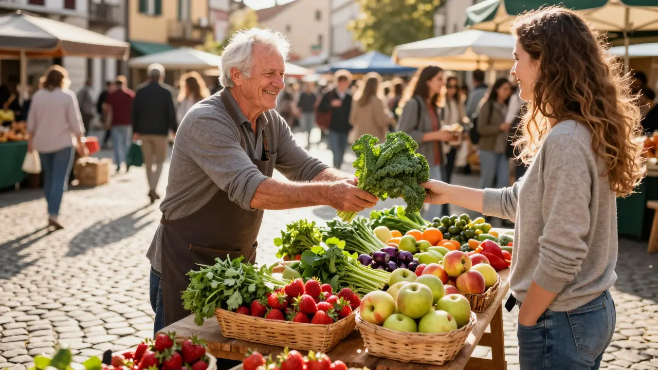 Lokální farmářský trh se sezónními plody a přátelskou atmosférou