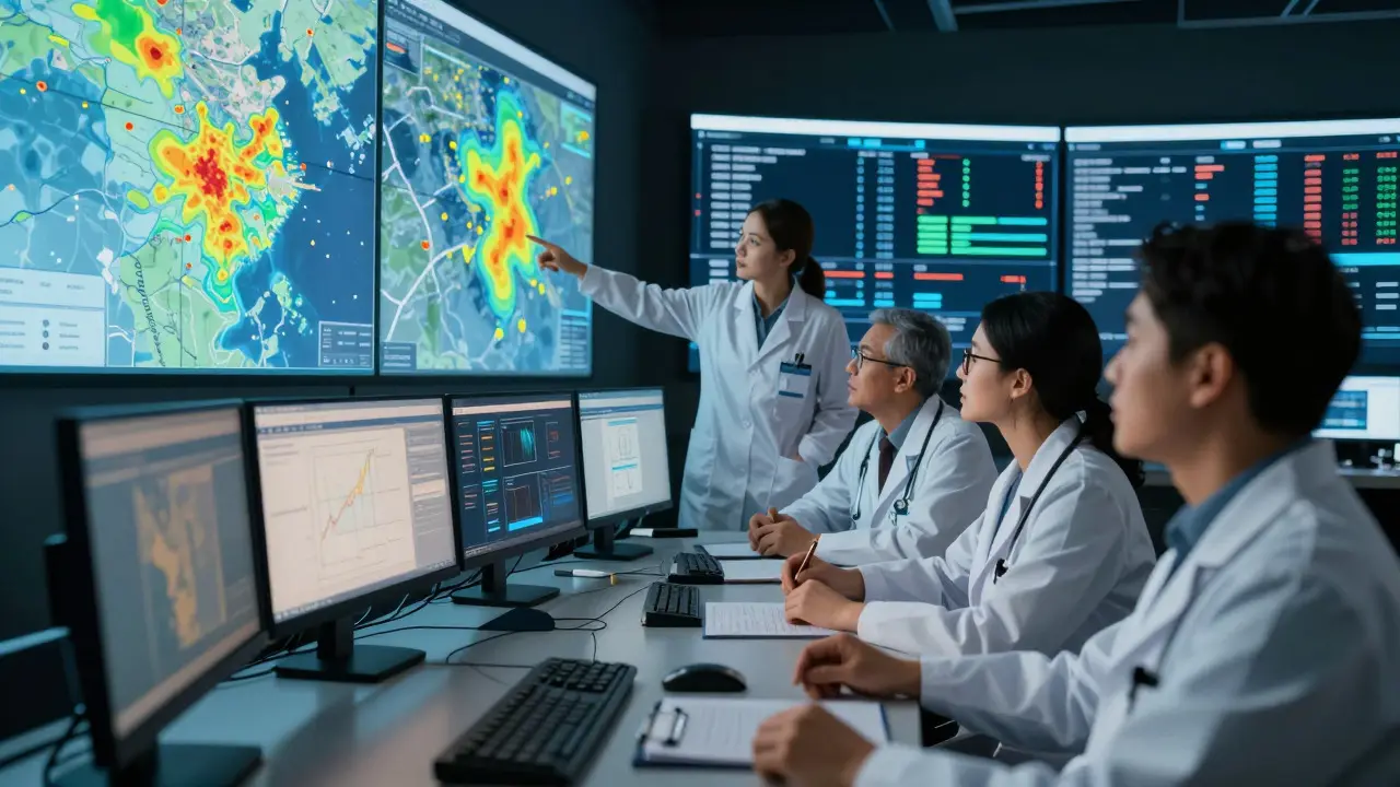 Tým expertů v kontrolním centru monitorujících globální epidemie