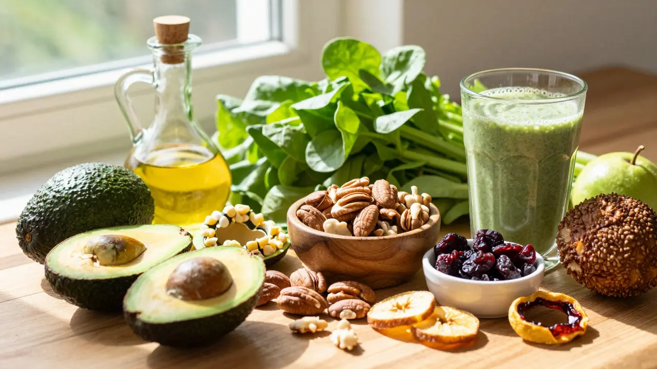 Zdravá kaloricky hustá jídla a smoothie na stole