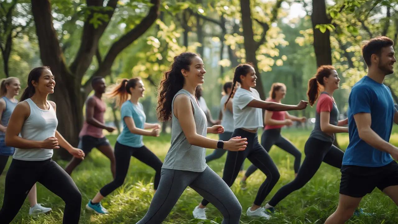 Skupina přátel se prochází nebo cvičí v parku za slunečného dne