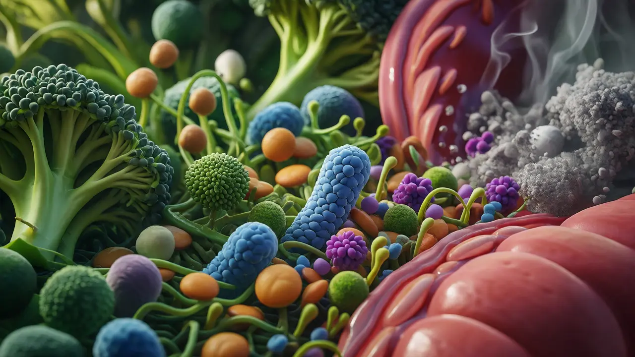 Mikrobiom ve střevech podporovaný zdravou stravou s vlákninou